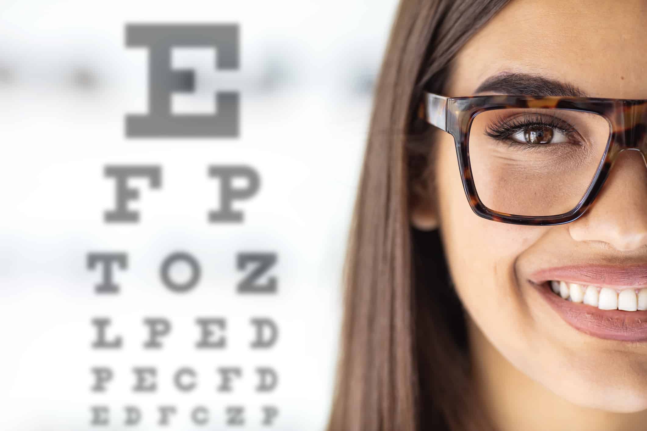 Close up of young woman wearing eyeglasses with eyechart